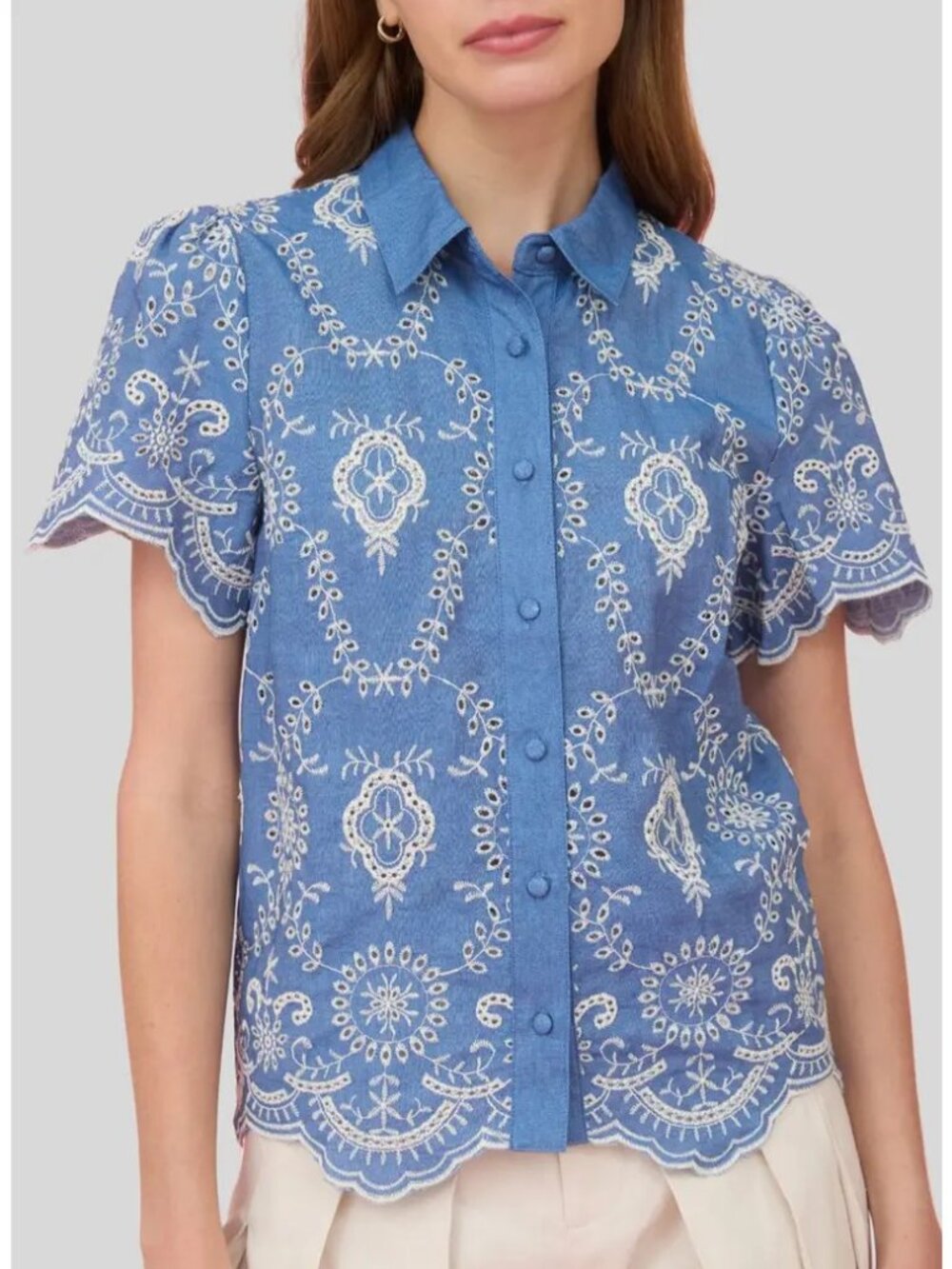 Embroidered Eyelet Cotton Button-Up Top ZOE AND CLAIRE